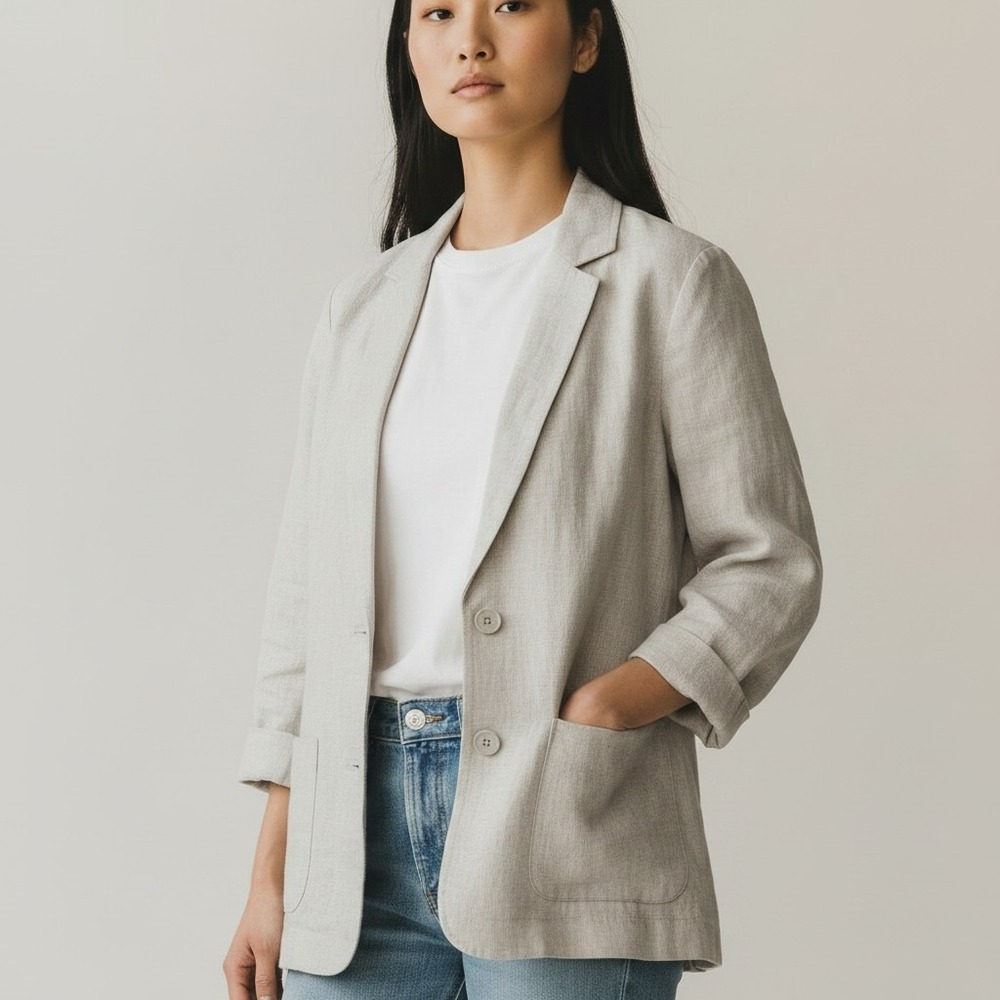 Kim Rogers Blazer Womens PS Beige 100% Linen 3/4 Sleeve‎ Career Classic Neutral